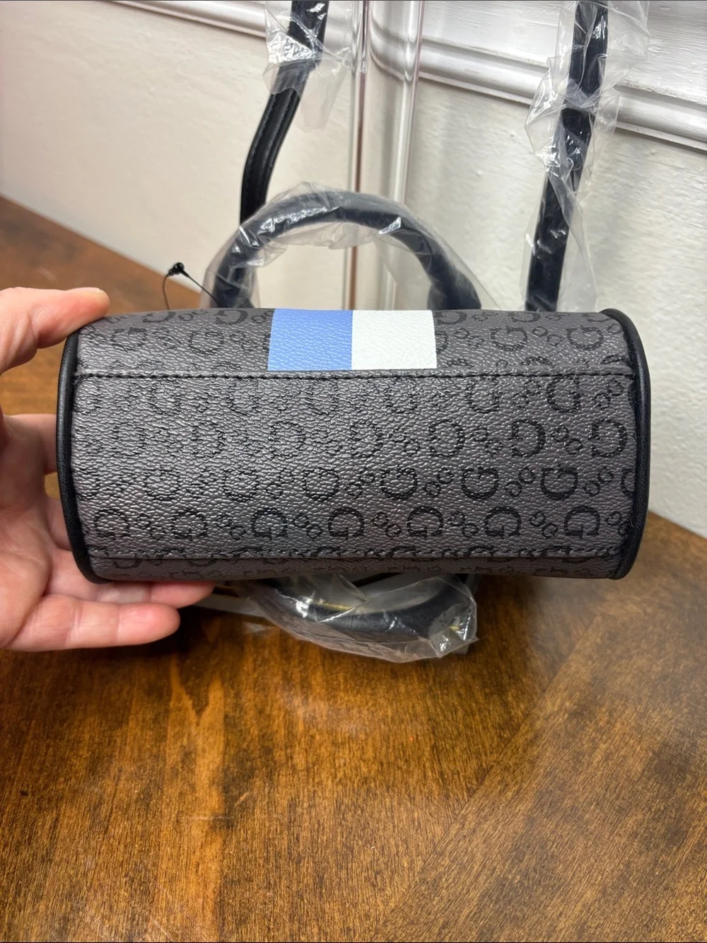 Guess Black Mini Satchel with Blue and White Center Stripe and crossbody strap - Picture 9 of 16